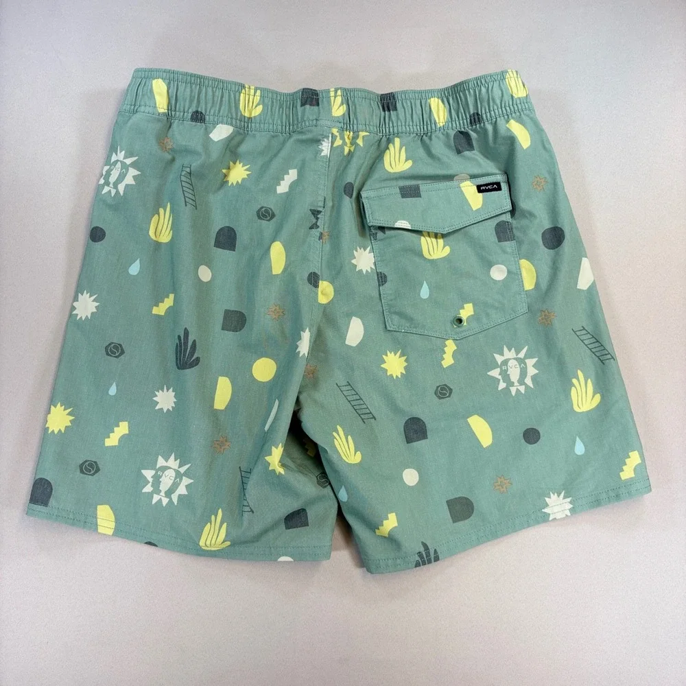 RVCA Board Shorts BOYS Large Green Abstract Print Hemp Blend Swim Trunks Surf